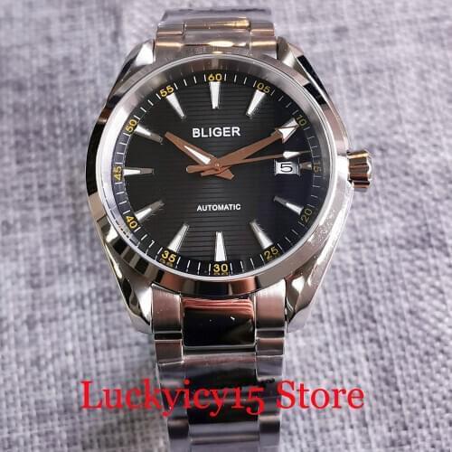 BLIGER 24 Jewels NH35A Self Winding Men Wristwatch Flat Sapphire Crystal Steel Band Seeing Glass Back Date Screwdown Crown