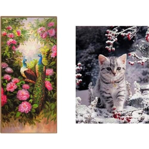 2 Set Diy Diamond Embroidery Picture Home Decor Full Kit Round Rhinestone Cross Stitch,Snow Kitten & Peony Peacock