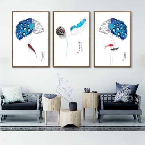 Wall Decor Canvas Koi Fish Landscape Blue Hindu Lotus Seedpod Paintings Wall Art Print Chinese Quotes For Office Home Decor