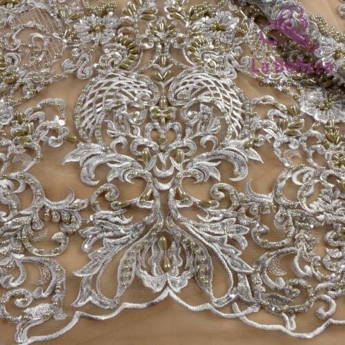 La Belleza new 75cm width Gray Bilateral Beaded sequins lace trim gorgeous lace trim for bridal accessories 1 yard