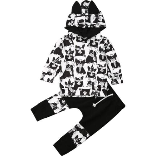 0-24M Infant Baby Girl Boy Clothes Long Sleeve Cartoon Dog Hooded Tops+Pants Outfit