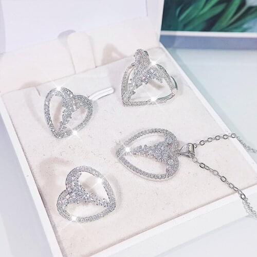 New Cute Fashion 925 Silver Heart Jewelry Sets Zirconia Love Earrings Stud Retro Necklace and Ring Set for Women Dancing Party