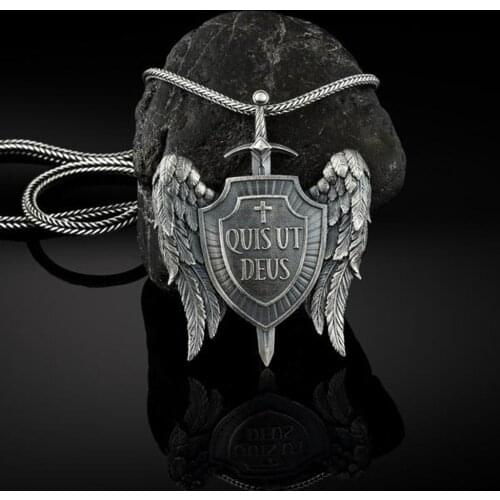 Michael Sword and Shield Archangel Wings Pendant Necklace Christian Mens Chain Necklace Religious Catholic Vintage Accessories