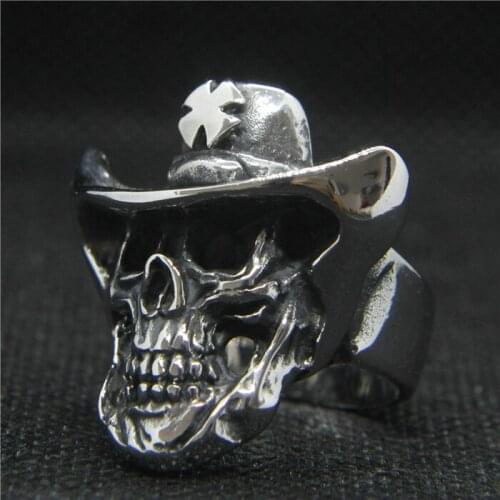 Drop Ship Cowboy Hat Jesus Cross Skull Ring 316L Stainless Steel Mens Fashion Skull Biker Ring
