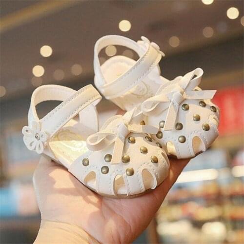 2021 Girls Bow Sandals Baby Baotou Kick-proof Toddler sandals 0-2 years old baby girl Soft bottom Non-slip toddler shoes 15-19