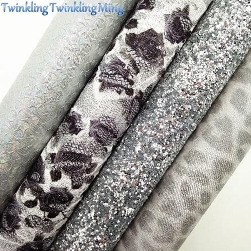 GREY Glitter Fabric,Mesh Glitter Fabric with Rose, Synthetic Leather Fabric Sheets For Bow A4 21x29CM Twinkling Ming XM701