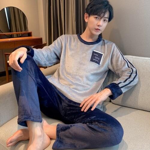 Blue Mens Velvet Flannel Autumn and Winter Mens Comfortable Sleep Soft Round Neck Thickened Warm Living Clothes Sleepwear Set