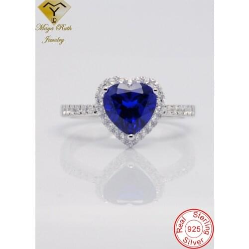 Created Sapphire Real Echt 925 Sterling Silver Party Ring For Women Imitation Blue Heart Shape Gemstone Female Love Cute Gifts