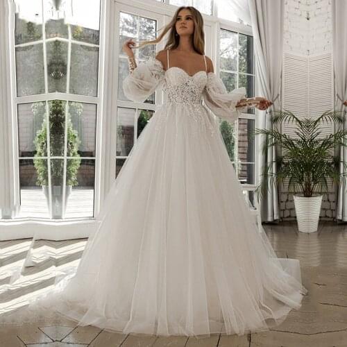 Princess Wedding Dresses Spaghetti Straps Puffy Sweetheart Appliques Lace Off the Shoulder Long Puff Sleeves Bridal Gowns 2021