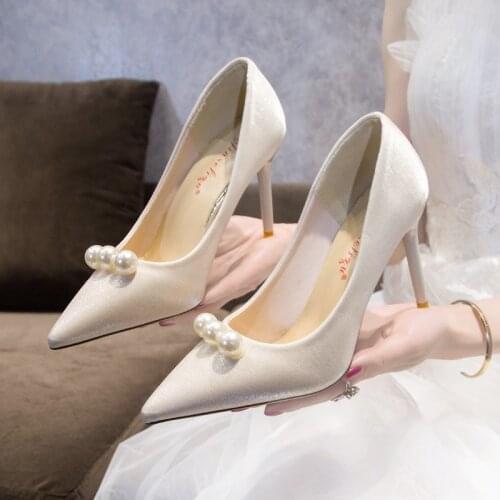 2021 New Women Pumps Fashion Womens Shoes Pointed White Pearl High Heels 8cm Stiletto Red Bridal Wedding Pary Shoes Stiletto
