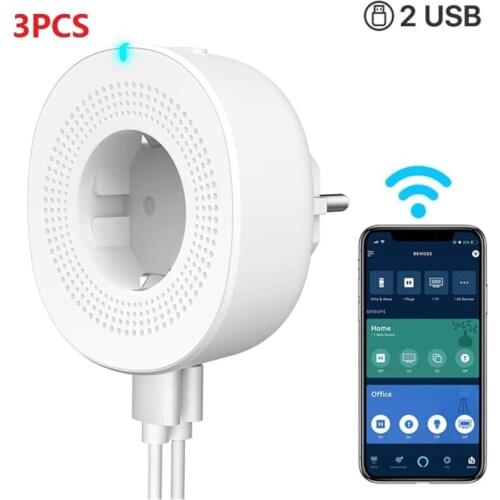 3PCS TUYA Smart Plug WiFi Remote Control Socket with EU Plug Double USB Port Support For Alexa Google Home European