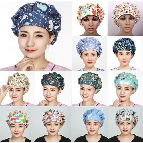 Unisex Women Scrub Cap Scrub Hat Flower Pattern Adjustable Elastic Caps Operation Work Wear Skullies Beanies for Men and Women