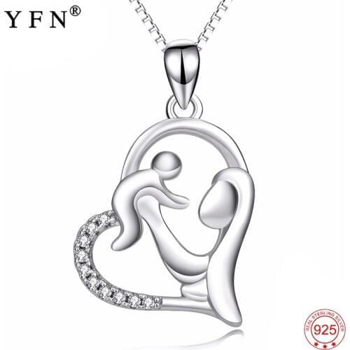 YFN 925 Sterling Silver Necklace Mother Baby Pendants Necklaces Jewelry For Mothers Day Gifts Heart Necklace Baby Shower Gift