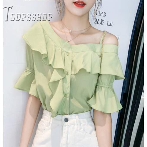 2019 Green Blue White Color Women Blouse Flare Sleeve Expose Shoulder Female Blouses