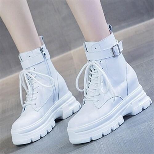 Platform Shoes Womens Genuine Leather Ankle Boots Buckle Wedge High Heel Oxfords Round Toe Military Punk Goth 34 35 36 37 38 39