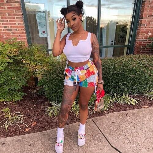 Sexy Rave Y2K Clothes Two Pieces Sets for Women White Sleeveless Tank Crop Top+paisley Bandanna Biker Short Drawstring Outfits