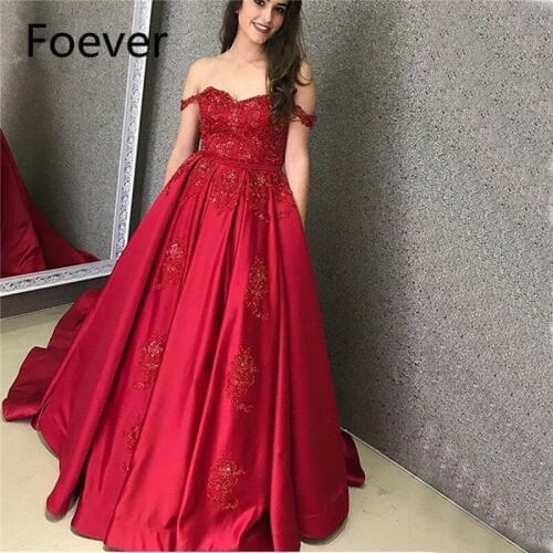 2019 Wine Red Evening Dresses Long with Pockets Short Sleeves Appliques Beaded Off Shoulder Evening Party Dress for Women