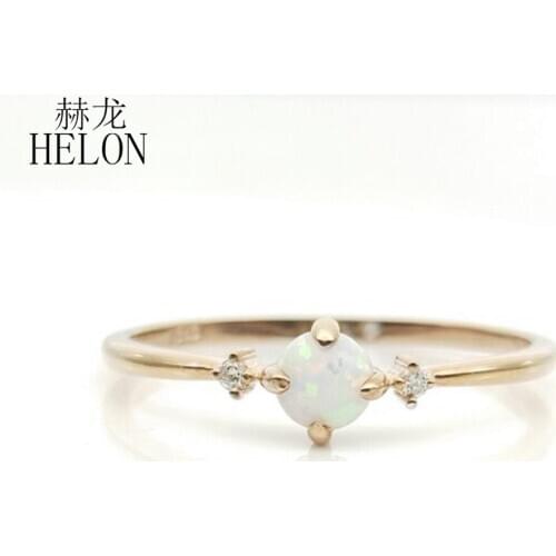 HELON Sterling Silver 925 Round cabochon 4mm Synthetic Opal & Cubic Zirconia Engagement Wedding Ring Women Trendy Fine Jewelry