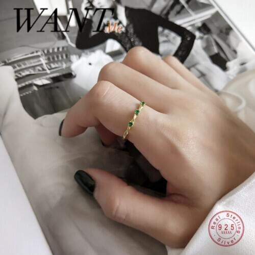 WANTME Fashion Minimalist Green Zircon Twist Finger Opening Ring for Women Real 925 Sterling Silver Chic Teen Jewelry Accessory