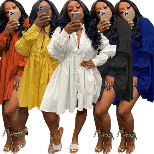 Women Soild Shirt Dress Autumn Long Sleeve Ruched Buttons Turn Down Collar Casual Loose Midi Dresses Streetwear Bodycon S-XXL