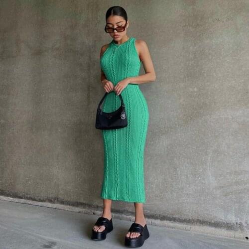 Summer Women Jumper Dress Solid Color Round Neck Sleeveless Form-Fitting Long Knit Dress for Girls
