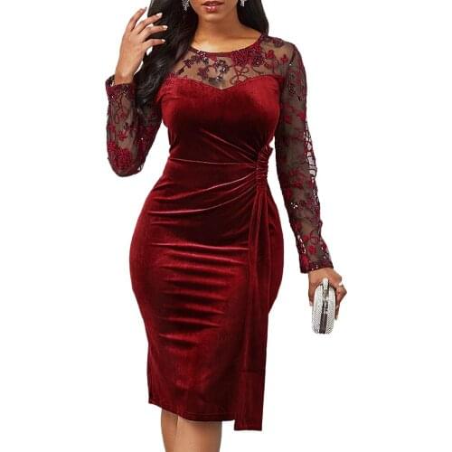 Hot Sexy Dress Women Autumn Winter See Through Long Sleeve Lace Embroidery Patchwork Ruched Bodycon Party Dress 3 Colors