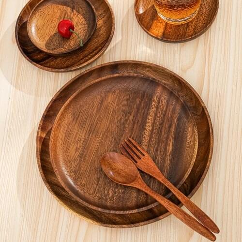10.5-24 Cm Durable Acacia Wood Dinner Plates Unbreakable Round Wood Plates Fruits Dishes Snacks Dessert Serving Tray Tableware