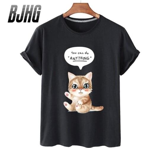 100% Cotton Cat Cartoon Print Top Short-sleeved T-shirt Female Half-sleeved Summer Casual Oversized T-shirt Male Shirt S-4XL
