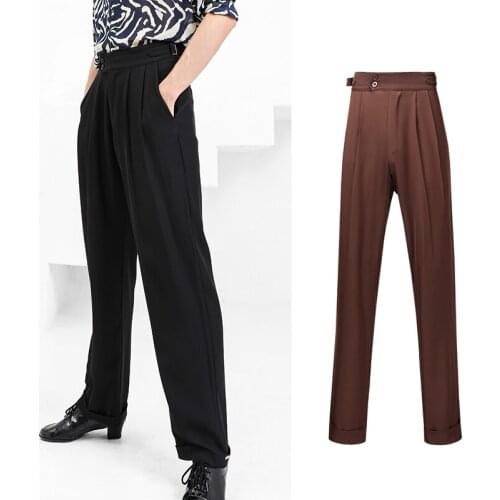 2021 Latin Dance Pants Men High Waist Trousers Metal Buckle Adjudtable Practice Wear Cha Cha Ballroom Dancing Clothes DNV14931