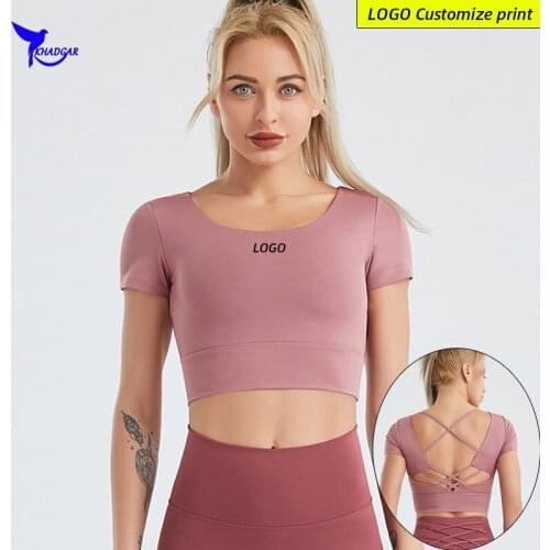 2021 Sexy Short Sleeve Push Up Padded Running Shirts Women Quick Dry Gym Fitness Underwear Elastic Yoga Sports Crop Top Custom