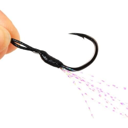 6pcs/lot Metal Jig Assist Hook With PE Line Feather Solid Ring Jigging Spoon Saltwater Fishhook for 5-40g Jig Fishing Lure