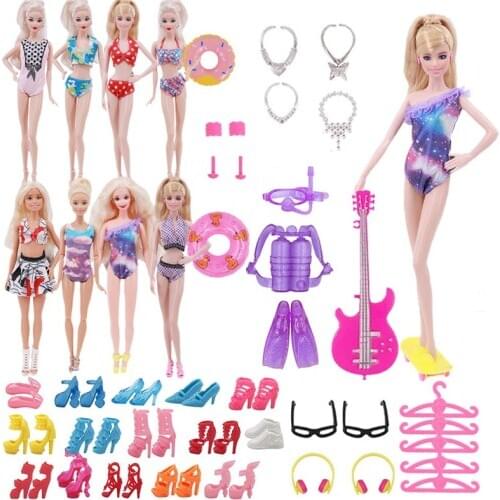 40Pcs Barbies Accessories=2Swim Rings+2Headset+1Guitar+2Roller Skate+2Glasses+2Bracelets+2Earrings+10Shoes+5Swimsuits+5Hangers