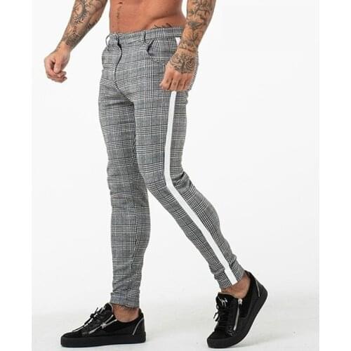 Skinny Chinos Pants Casual Mens Chinos Cotton Slim Fit Men Pants Trousers Grey Ankle Length Streetwear Plaid Side Stripe Pants
