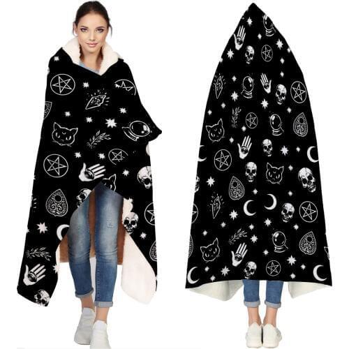 Black Witch Skull Hooded Blanket Halloween Fleece Hooded Blanket Wearable Throw Blanket Microfiber Home Travel For Adult Kids