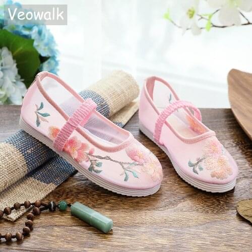 Veowalk Summer 1-14 Year Children Girls Mesh Ballet Flats with Platforms Chinese Embroidery Kids' Casual Play Shoes Comfortable