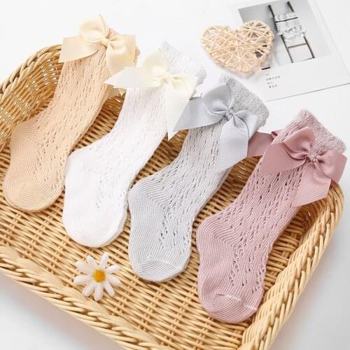 Kids Knee High Socks Child Toddler Girls Summer Cotton Mesh Bow Cute Princess Frilly Ruffle Long Sock Baby Accessories Stockings