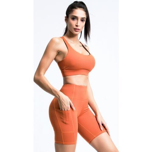 EF9006 Cross Back Mesh Pockets Yoga Set Women Fitness Shorts Sports Bra Suits Tops Yoga Running Sport Top Gym Clothes Workout