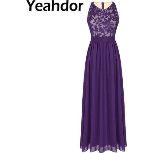 Elegant Women Chiffon Long Dress Womens Sleeveless Floral Lace Bridesmaid Dresses for Wedding Party Prom Gown Maxi Vestidos