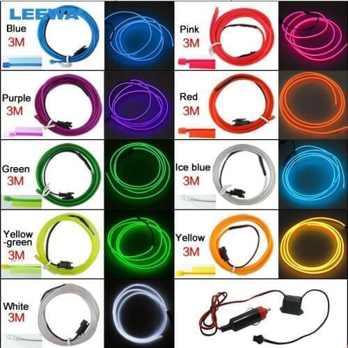 FEELDO 20set 3M Car Decoration Flexible Moulding EL Neon Glow Lighting Rope Strip With Fin And Cigar/Cigarette Lighter #CA3580
