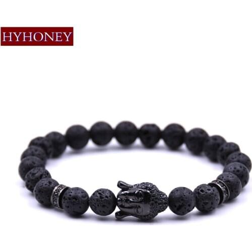 HYHONEY New Pave Zirconia CZ Buddha head Charm Bracelets Lava Natural Stone Bracelets & Bangles Gifts Men Jewelry pulseras