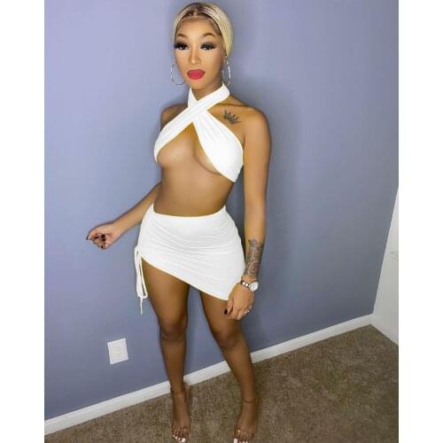 Echoine Summer Cross Wrap Halter Crop Top Sexy Pleated Drawsting Mini Skirt Matching Set Party Club Outfits Two Piece Set 2021