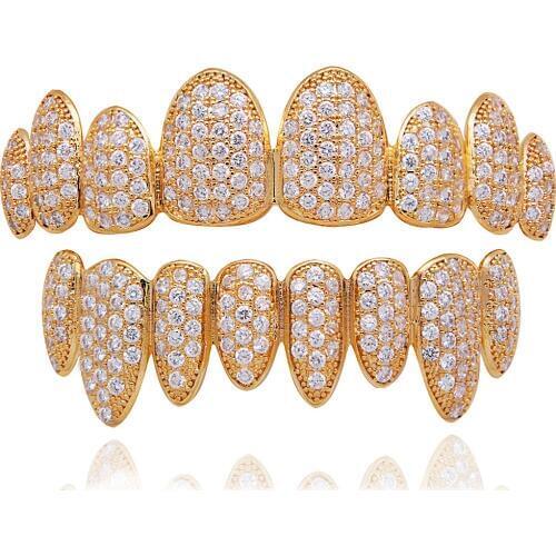 LuReen Iced Out Grillz Vampire Fangs Grillz Top Bottom Gold Teeth Hip Hop Tooth Caps CZ Crystal Bling Grillz Rapper Jewelry