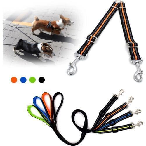 Multi-functional Reflective Nylon Dog Collar Belt Dog Pet Lead Leash Traction Rope Double Head Adjustable Training Dog Lead