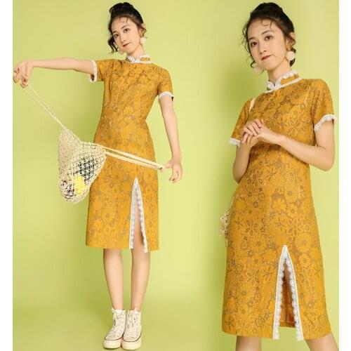 SWEETXUE Fashion New Improved Cheongsam Girls Young New Retro Split Lace Long Large Size Dress Women