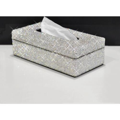 Fashion Shiny High-grade PU Leather Crystals Diamonds Tissue Case Paper Box For Home Napkin Paper Wipe Car Tissue Holder Gifts