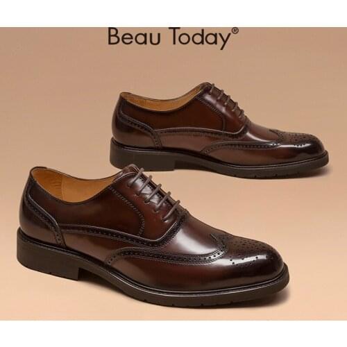 Brogue Men Shoes Genuine Cow Leather Classical Oxford Shoes Round Toe Business Dress Shoes for Men Handmade BeauToday 51067