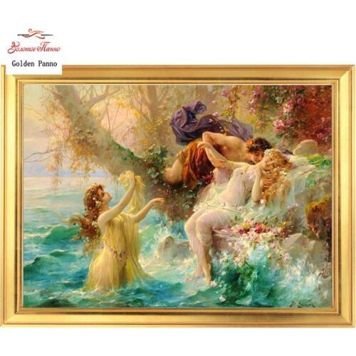 Golden Panno,Needlework,DIY DMC Cross stitch,Sets For Embroidery kit 14ct unprinted cotton thread Faun and Nymph Cross-Stitching