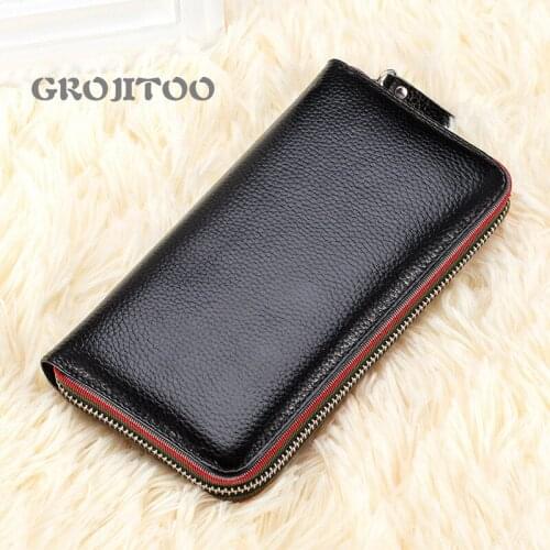 GROJITOO New womens long wallet genuine leather purse first layer leather casual handbag multi-function card holder wallet