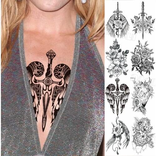 Sexy Wing Sword Temporary Tattoos For Women Adult Realistic Rose Dahlia Peony Fake Tattoo Sticker DIY Holiday Flower Tatoo Paper