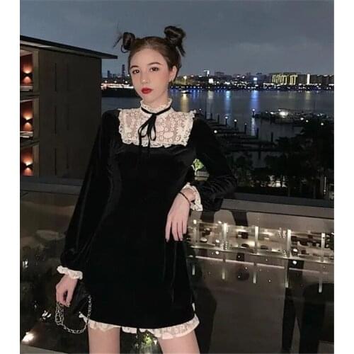 Japanese Lace Dress Victorian Vintage Gothic Lolita Dress Girls Patchwork Lace-up Stand Collar Velvet Mini Women Punk Dresses